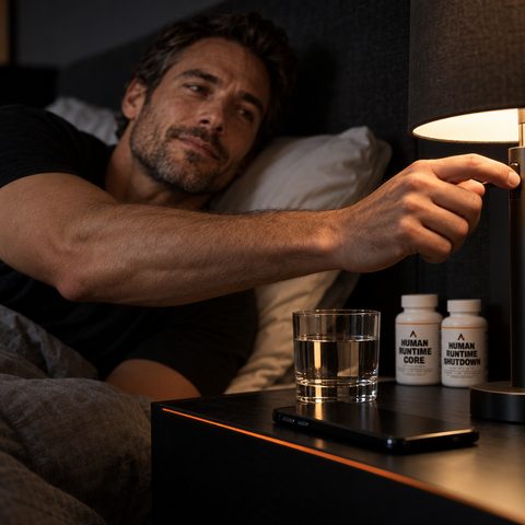 Close up: a man’s hand reaching for the switch of a bedside lamp, a glass of water and a phone face down on the nightstand and bottles of Human Runtime Core™ and Human Runtime Shutdown™ at its back.