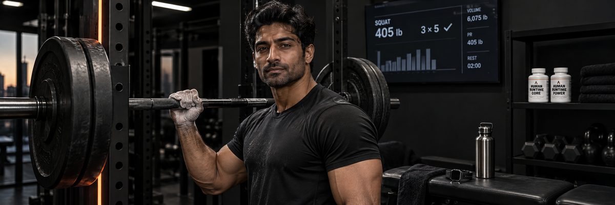 A man in his thirties in a black training top at a squat rack in a dark gym, chalk on his hands, one hand on the bar, bottles of Human Runtime Core™ and Human Runtime Power™ on a shelf by the towels behind him.