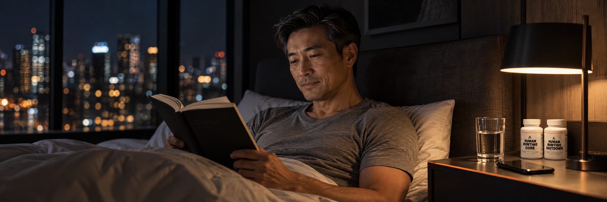 A man in his late forties reading a book against the headboard of a wide bed at night under one lamp, his phone face down on the nightstand beside a glass of water and bottles of Human Runtime Core™ and Human Runtime Shutdown™ in the lamp’s shadow.