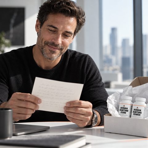 Close up: a man at a white table smiling over a handwritten note, a small package open at his side with bottles of Human Runtime Core™ and Human Runtime Power™ in its tissue.