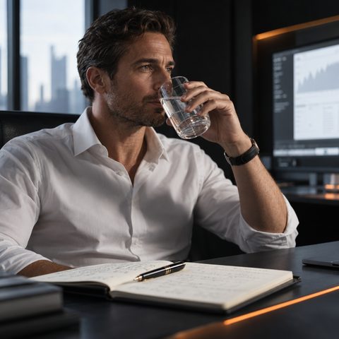 Close up: a man in a white shirt drinking from a glass of water, an open notebook and a fountain pen on the dark desk in front of him, a screen glowing behind.
